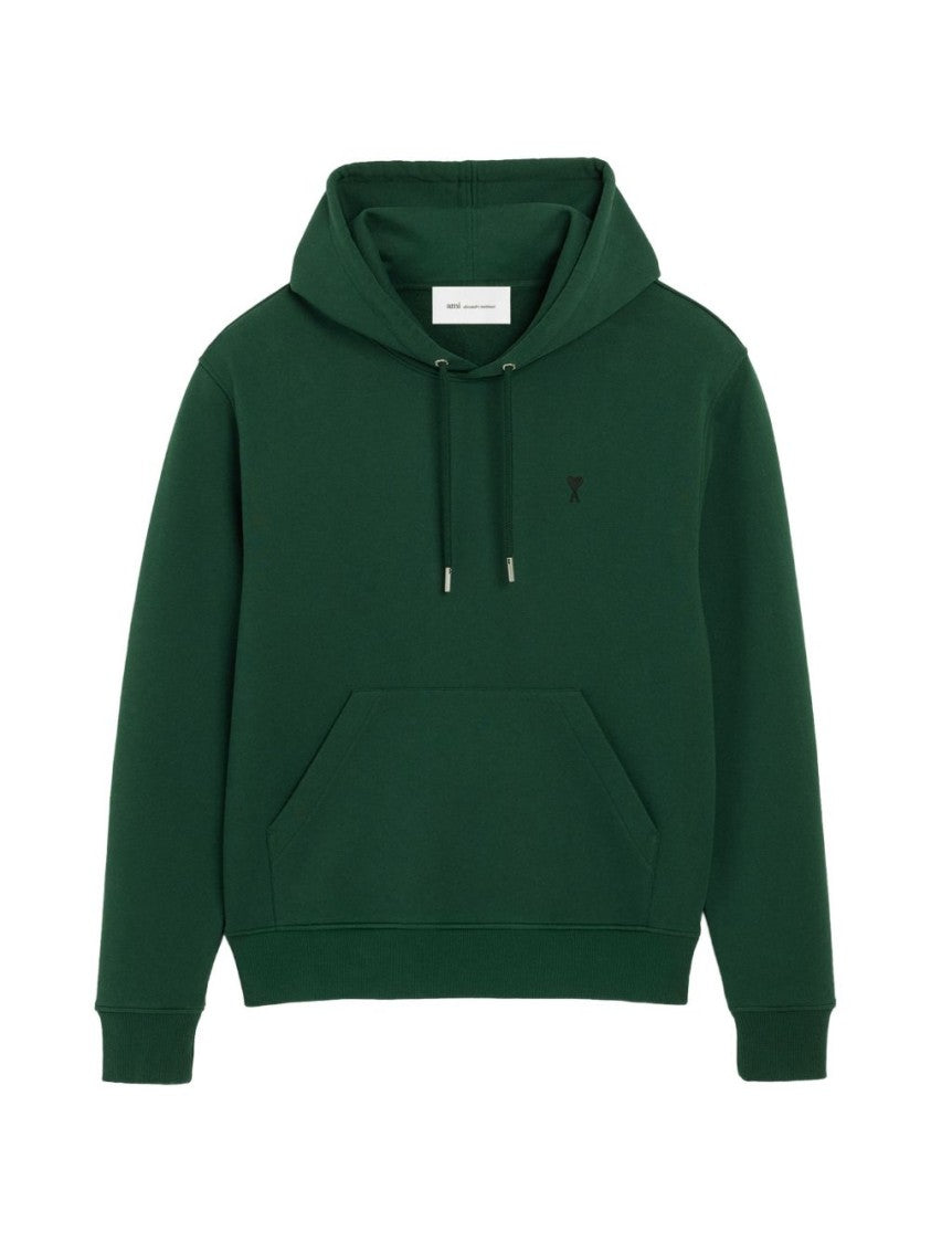Ami Paris Deep Green Pullover Hoodie With Adjustable Drawstring