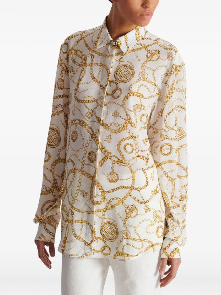 Balmain White Ls Shirt Chain Print Silk Shirt