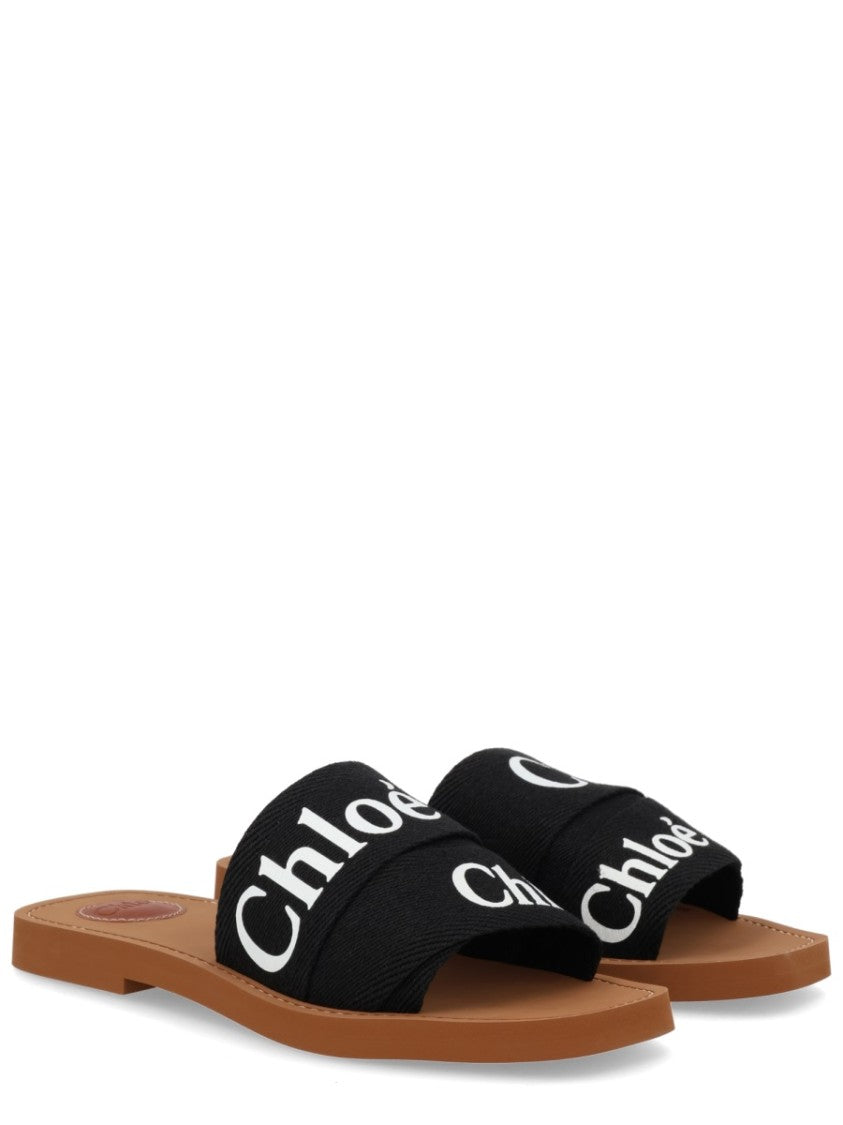 Chloé Woody Flat Logo Print Slide Sandals