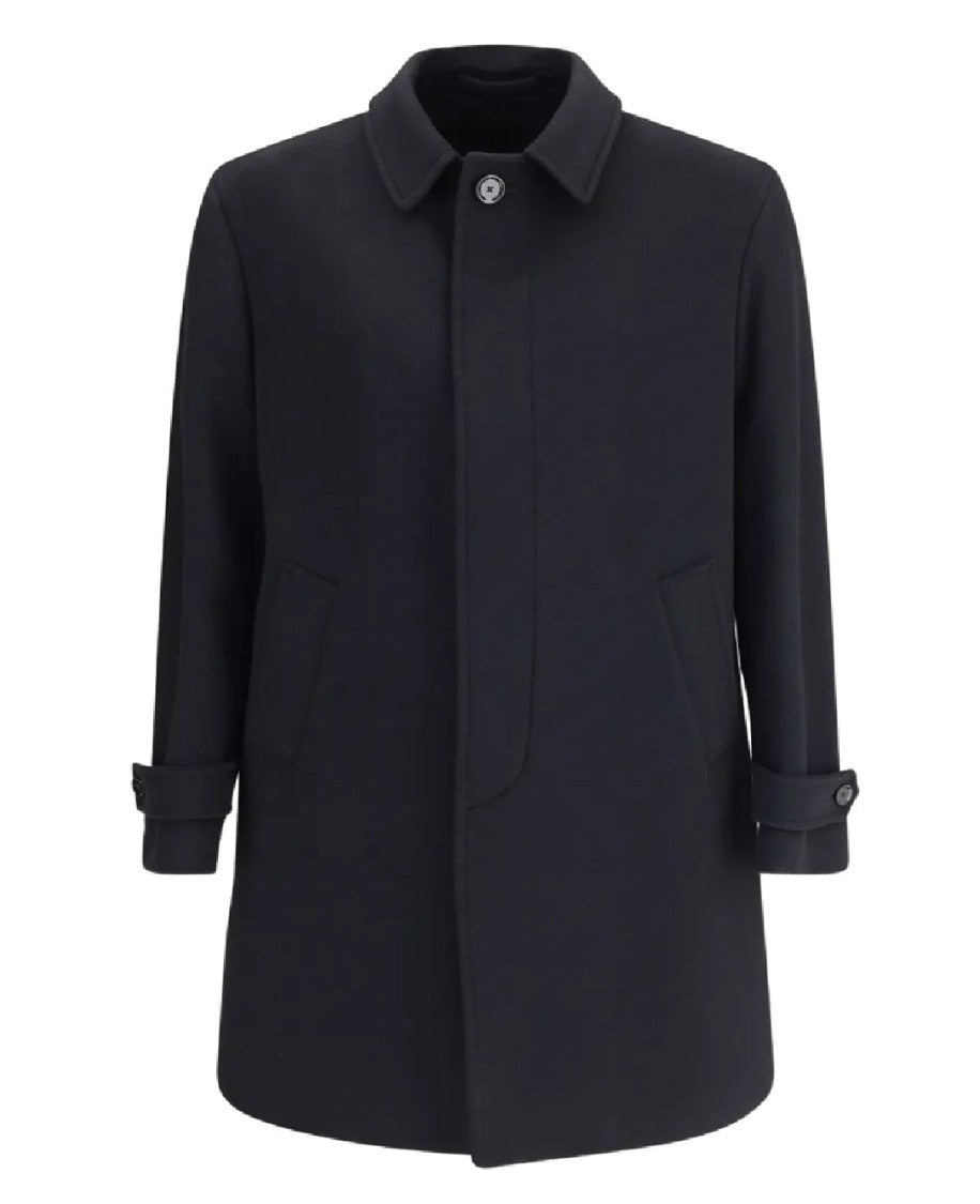 Lardini Minimalist Black Trench Coat With Structured Collar