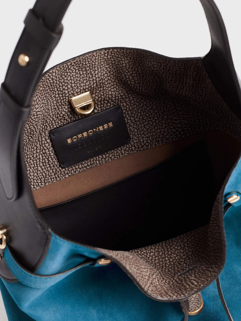 Borbonese Medium Teal Suede Bucket Bag With Adjustable Strap