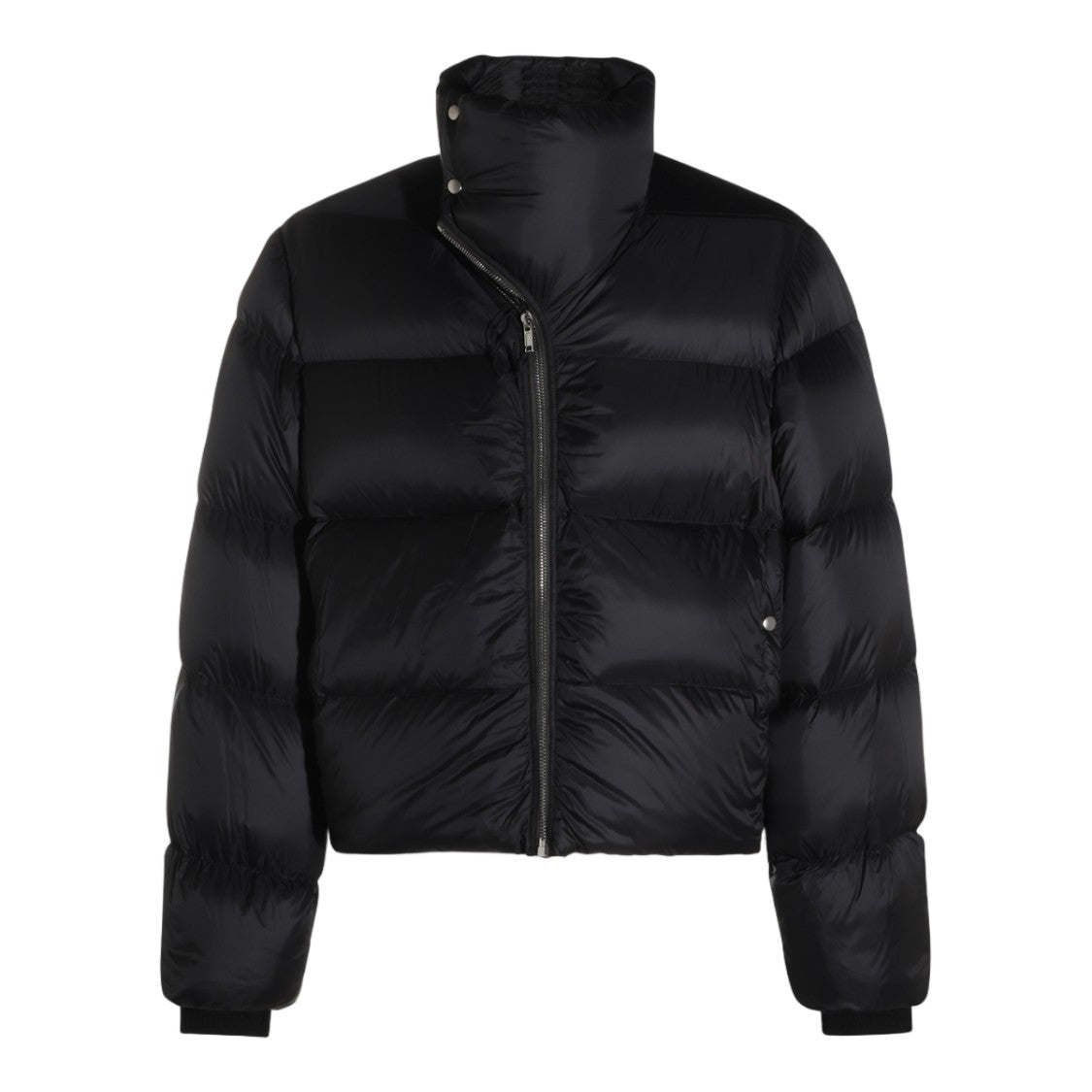 Rick Owens Asymmetrical Black Puffer Jacket With High Stand Collar