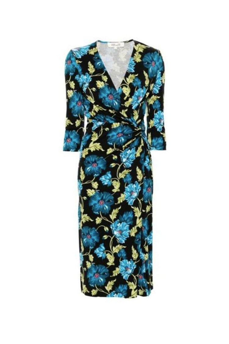 Diane Von Furstenberg Multicolor Floral Wrap Midi V-Neckline Dress