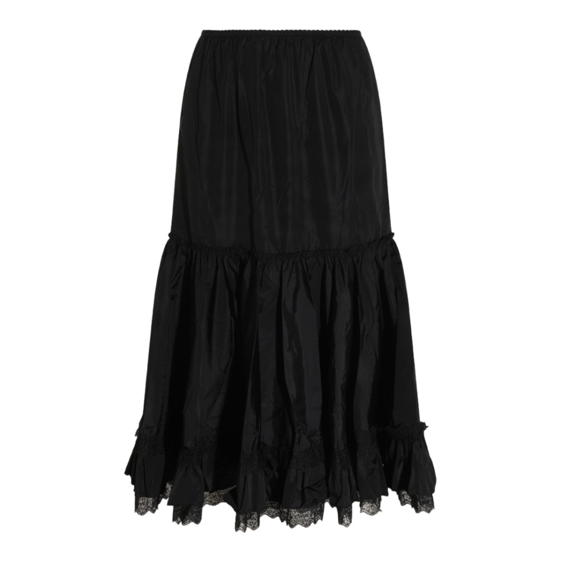 Ganni Gathered Waistband Skirt With Ruffled Hem And Lace Trim