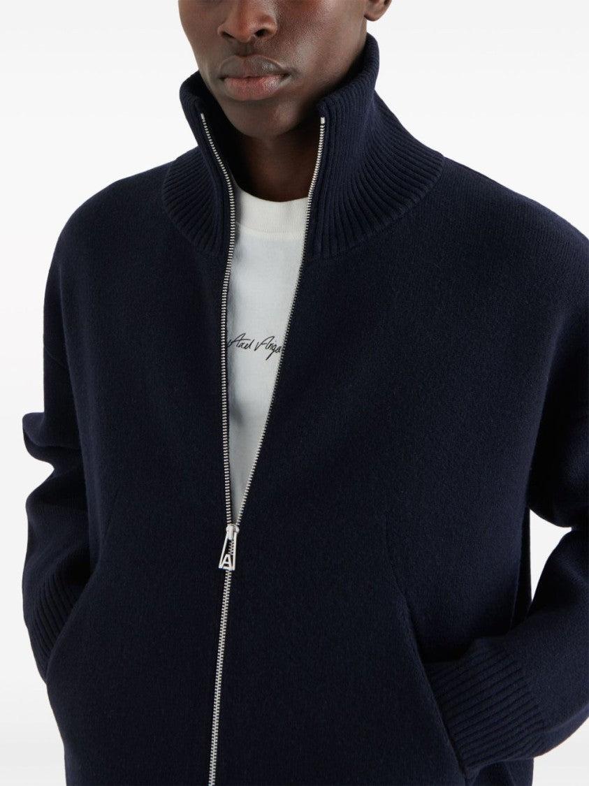 Axel Arigato High Neck Wool Blend Cardigan With Zip Fastening And Ribbed Detailing