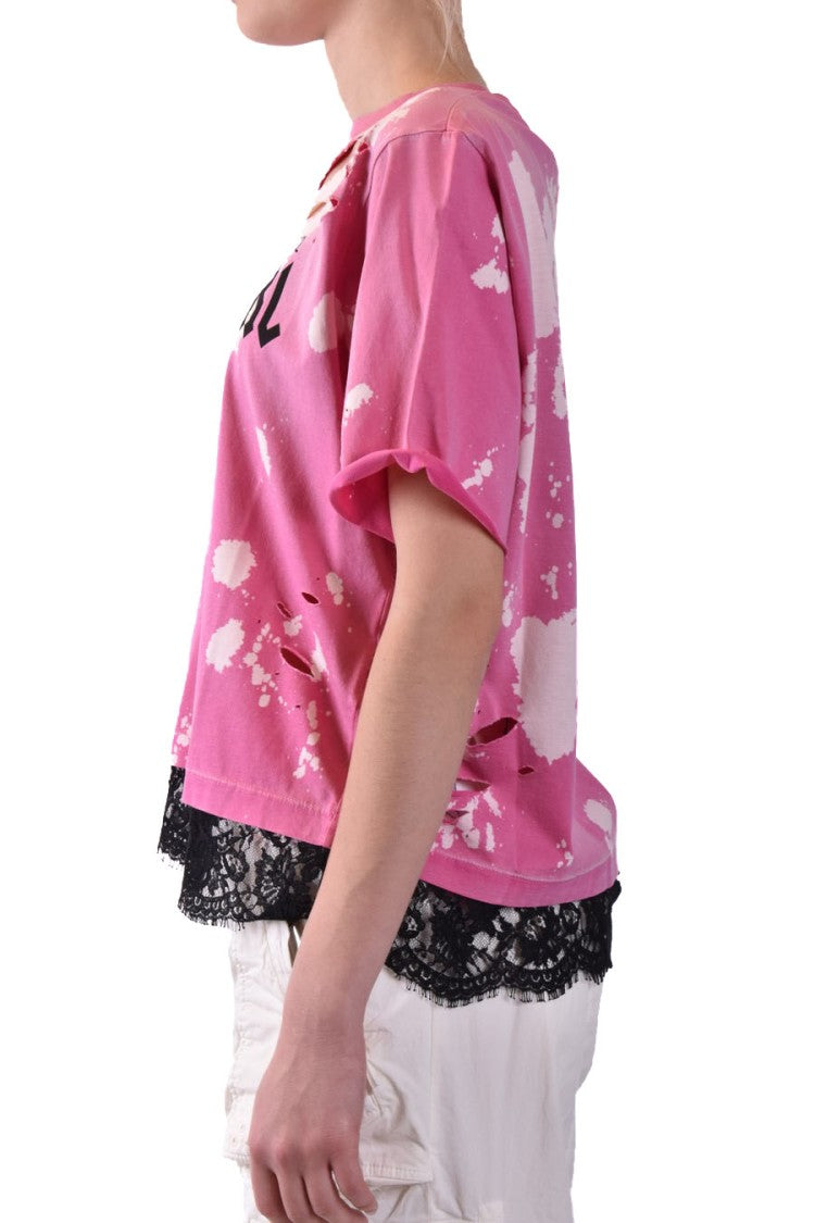 Dsquared2 Fuchsia Worn Effect Logo Print T-Shirt With Laced Hem
