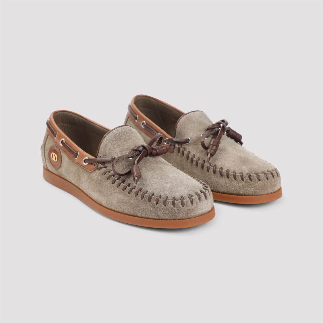 Valentino Garavani Dark Khaki Beige Suede Leather Palm Avenue Boat Shoes