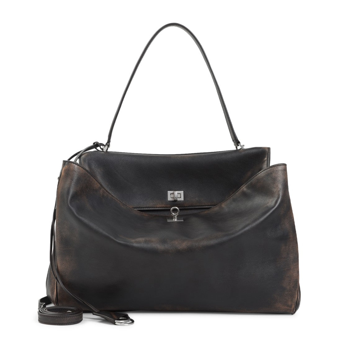 Balenciaga Dark Brown Calf Leather Rodeo Handle L Top Bag