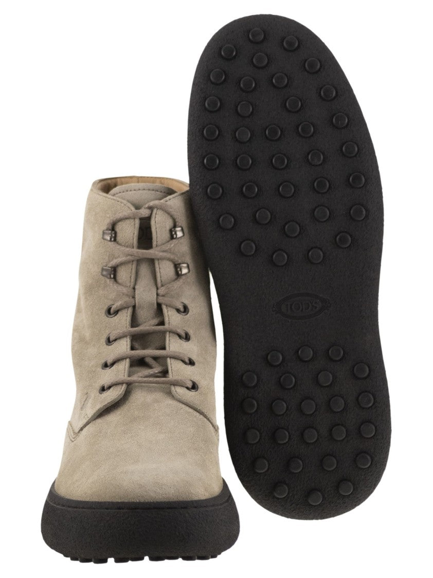 Tod's Ankle Suede Lace-Up Boot With Iconic Rubber Sole
