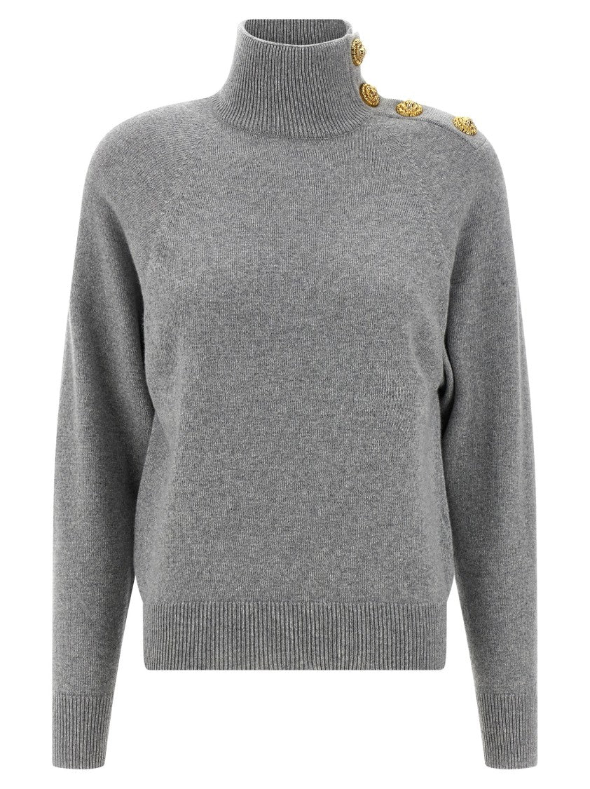 Balmain Cashmere And Virgin Wool Sweater With High Neck And Lion Head Buttons