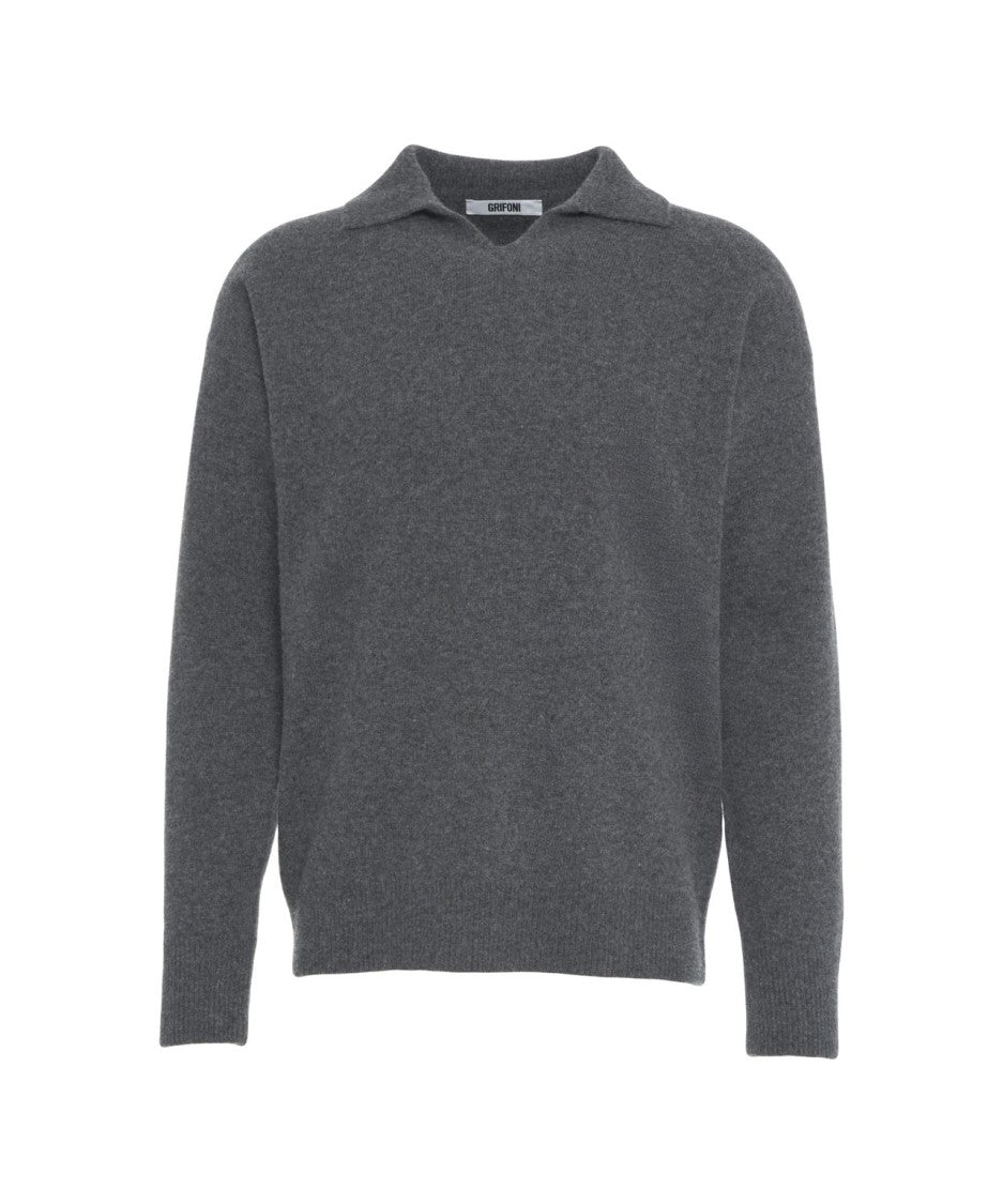 Grifoni Polished Grey Knit Polo Sweater