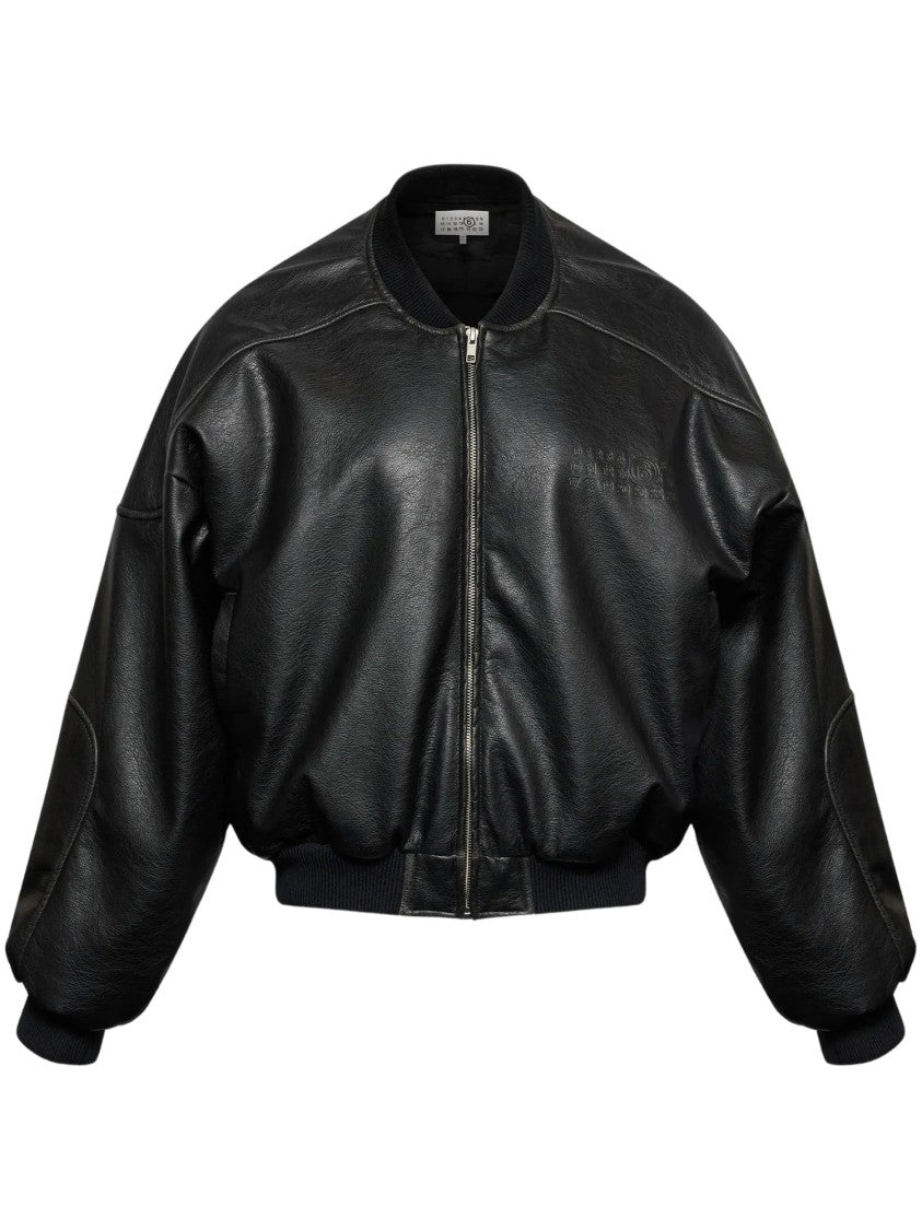 Mm6 By Maison Margiela Cropped Black Faux Leather Sports Jacket With Ribbed Detailing