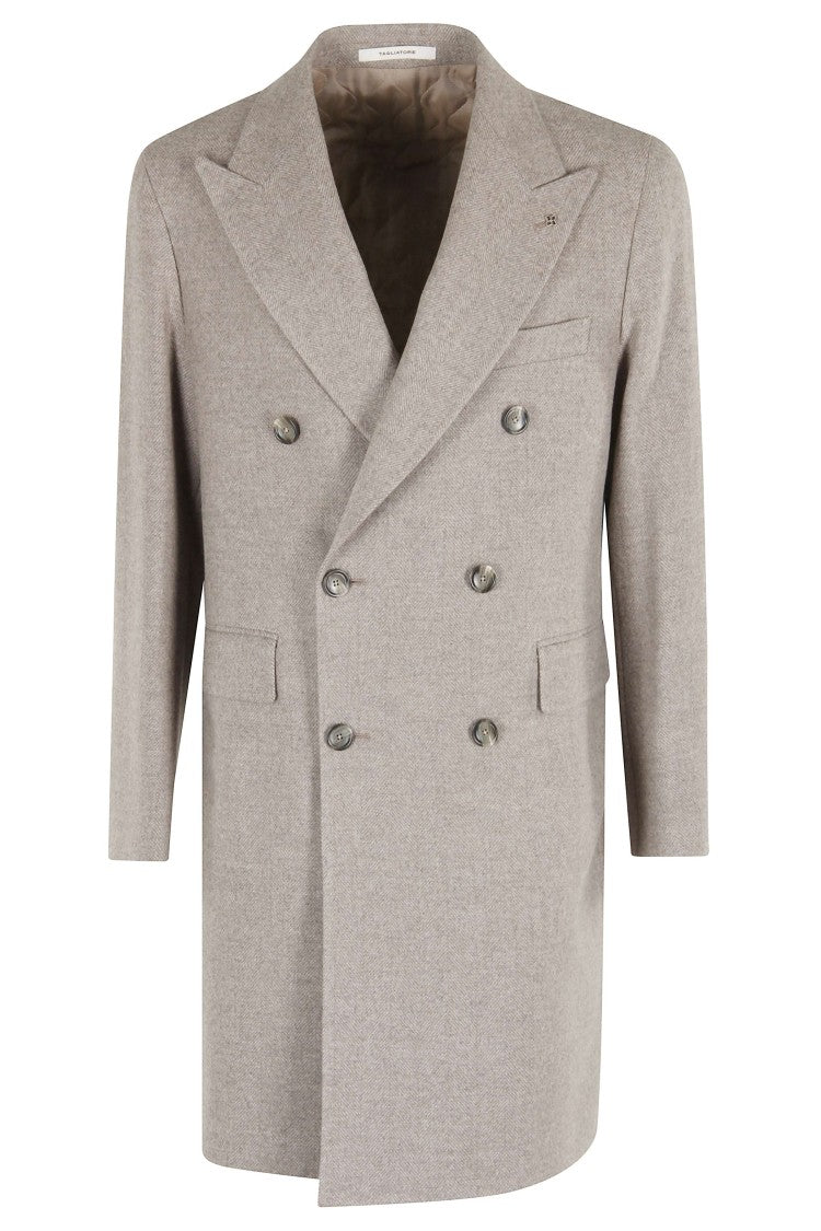 Tagliatore Double-Breasted Sand Virgin Wool Coat With Pointed Lapel