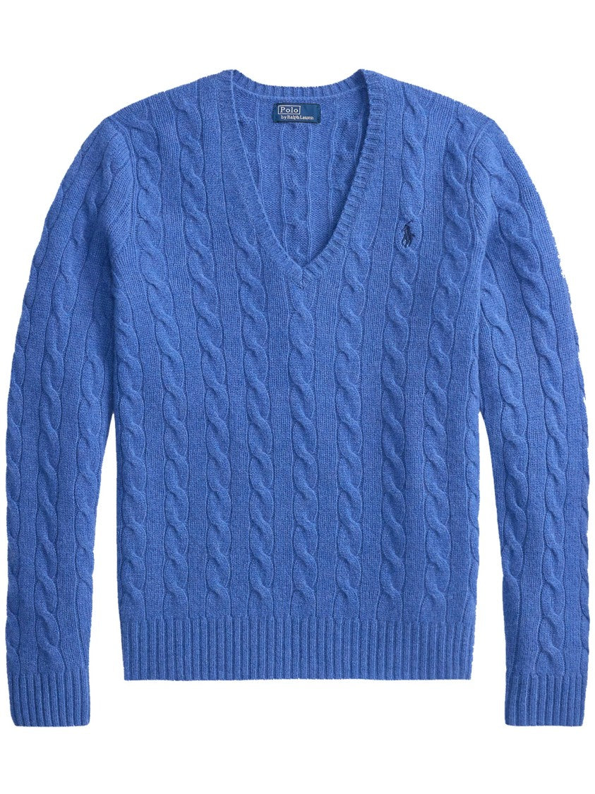 Polo Ralph Lauren Cable Knit Blue Pullover With V-Neckline And Ribbed Details