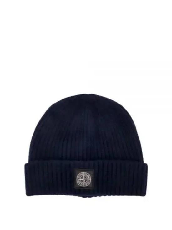 Stone Island Ribbed Knit Beanie With Folded Cuff And Iconic Patch