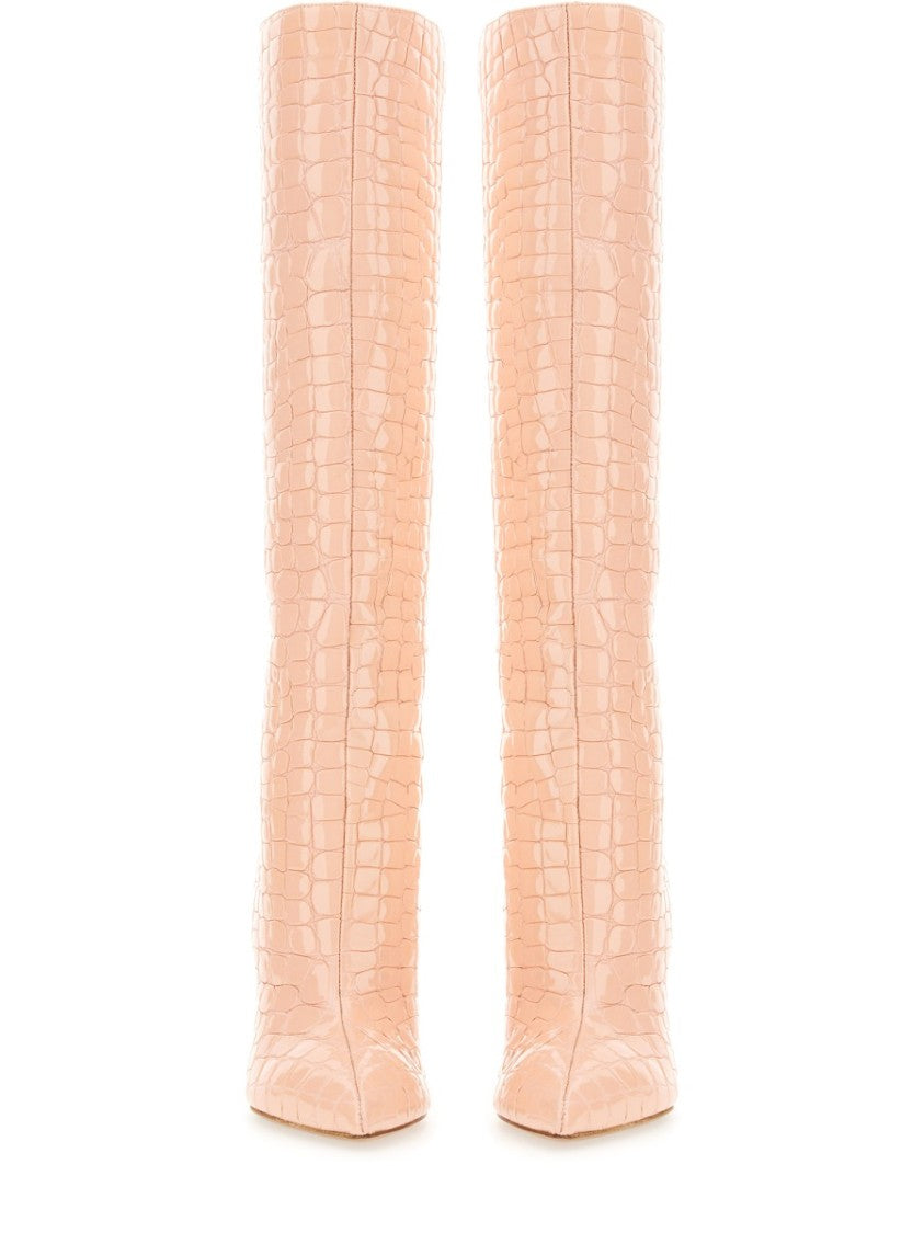 Paris Texas Knee-High Leather Boots With Glossy Crocodile Finish
