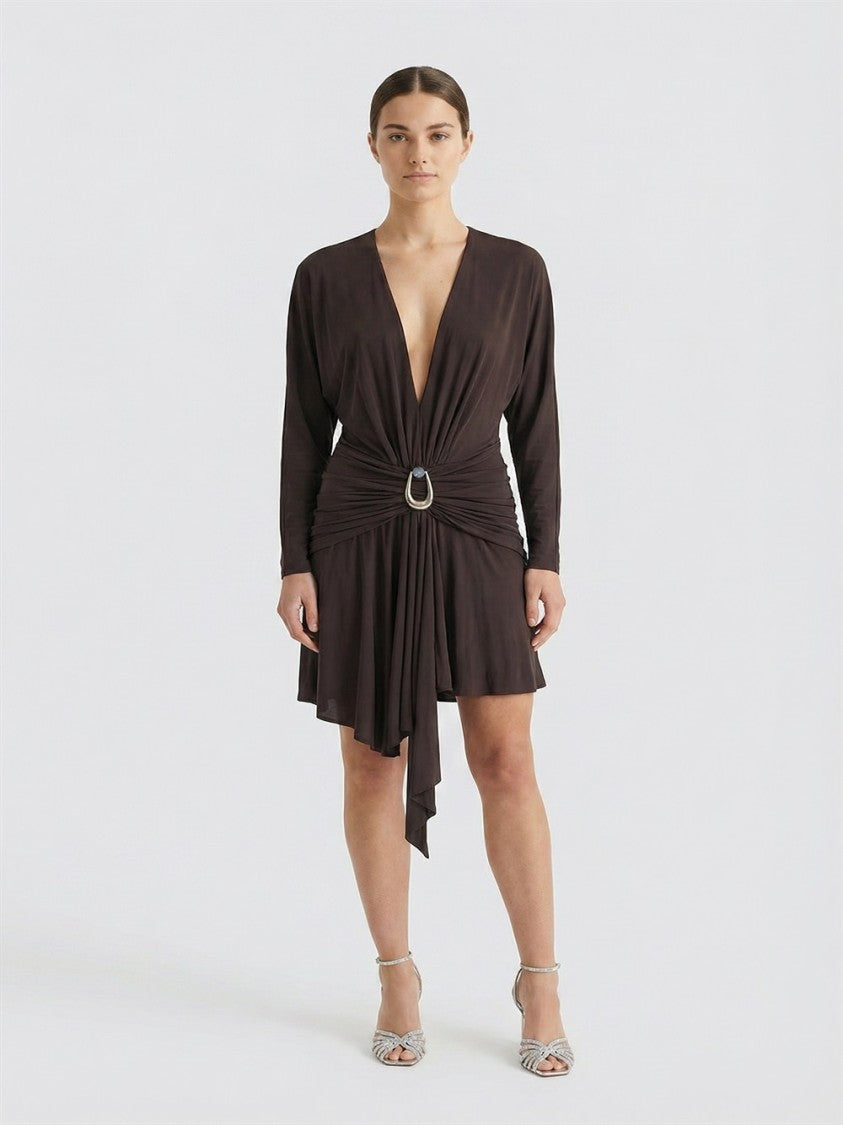 Christopher Esber Brown Stone Pin Scarf Draped Viscose Mini Dress