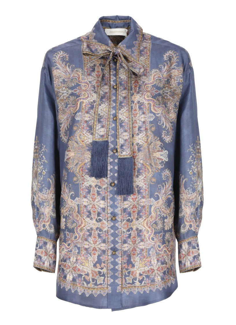 Zimmermann Blue Jeans Bow-Collar Printed Silk Shirt