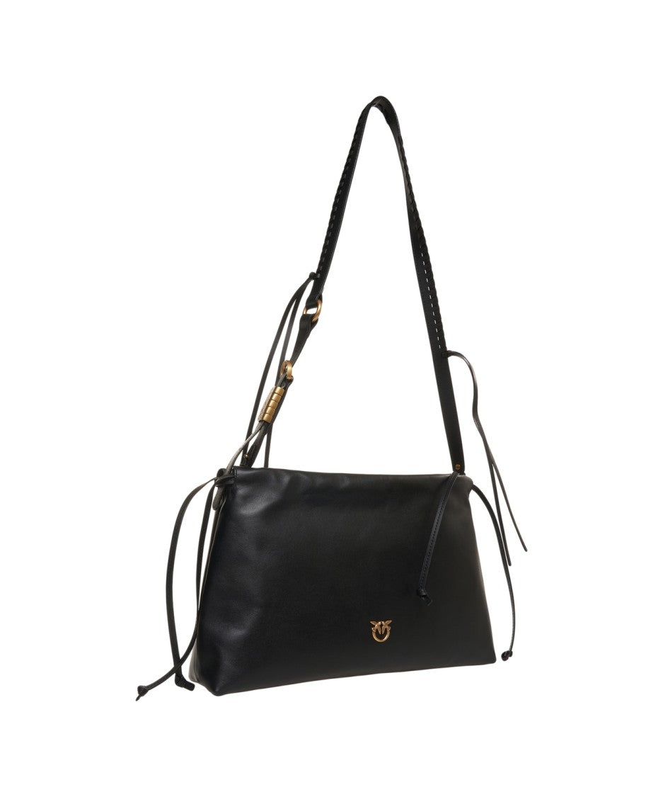 Pinko Structured Black Leather Shoulder Bag With Woven Strap