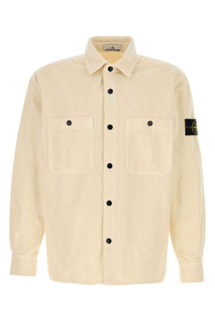 Stone Island Textured Ivory Corduroy Shirt With Classic Collar