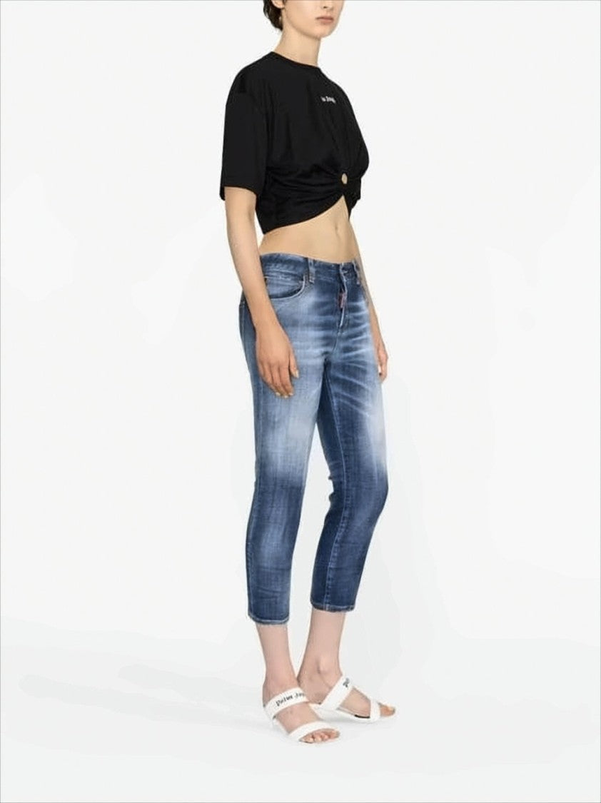 Palm Angels Cropped Black Cotton Top With Front Twist Detail