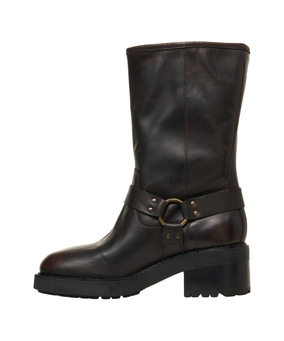 Curiosite Mid-Calf Biker Boots With Buckle Straps