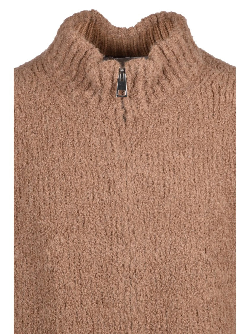 Amaranto Brown Alpaca-Blend High-Collar Zip Cardigan