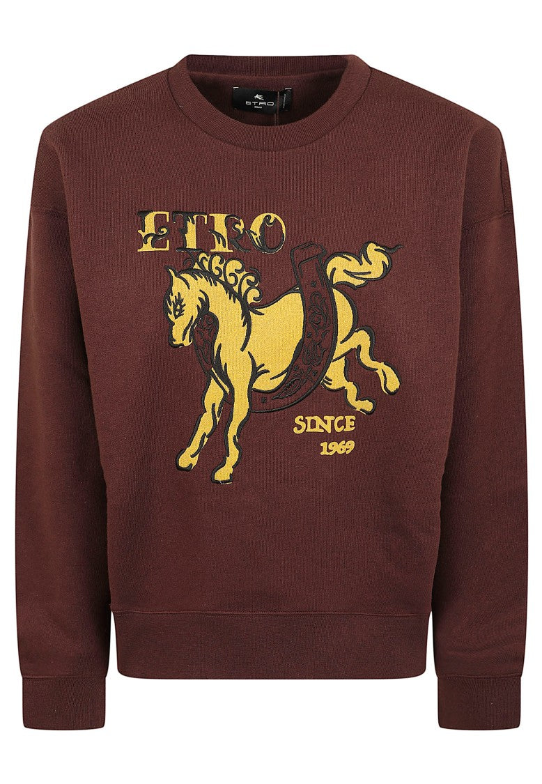 Etro Cropped Brown Crew Neck Sweatshirt With Bold Yellow Graphic
