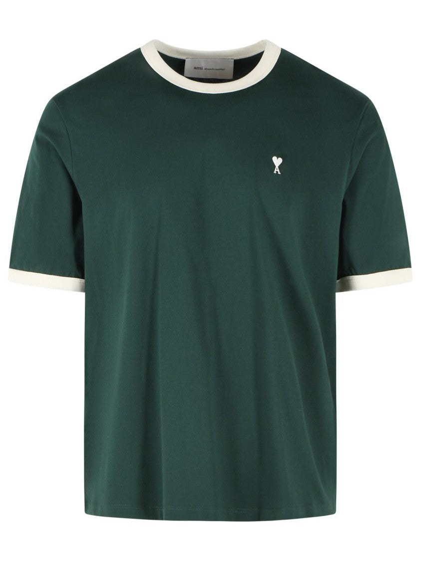 Ami Paris Ribbed Crew Neck Cotton T-Shirt With Contrast Details