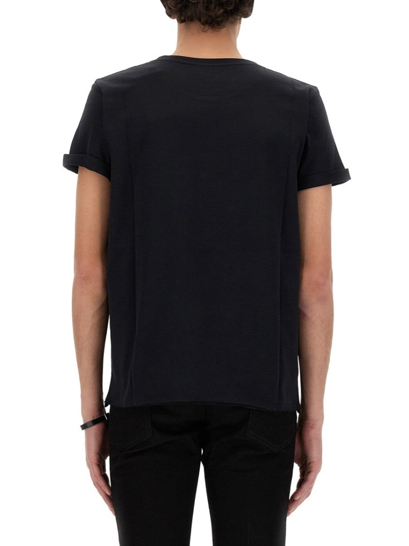 Saint Laurent Black Cotton T-Shirt With Centered Logo Print