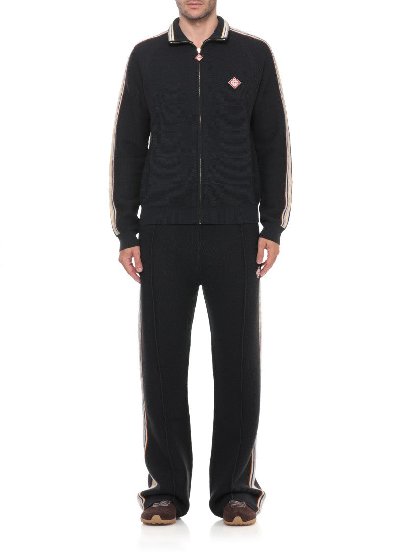 Casablanca Blue Zip-Up Cotton-Wool Textured Knit Sweatshirt