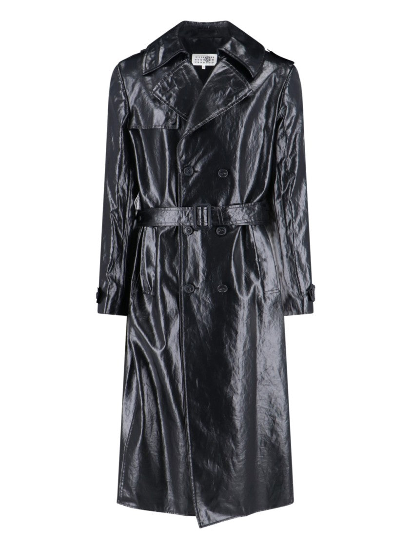 Mm6 By Maison Margiela Black Double-Breasted Faux Leather Coat