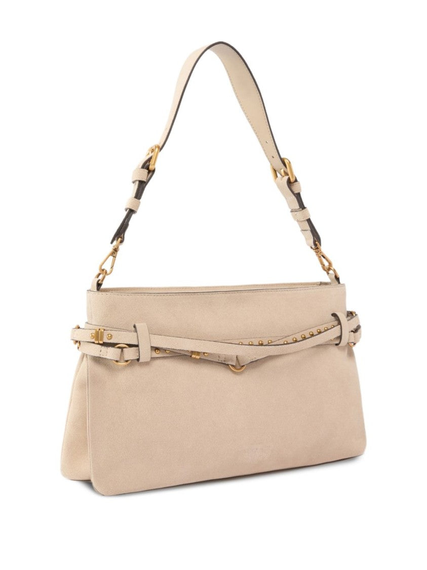 Pinko Structured Beige Calf Leather Shoulder Bag With Gold Accents