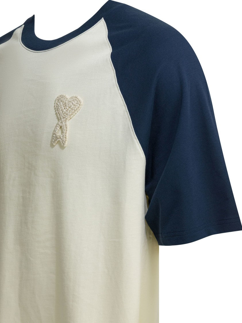 Ami Paris Raglan T-Shirt In Cream With Navy Blue Sleeves And Heart Emblem