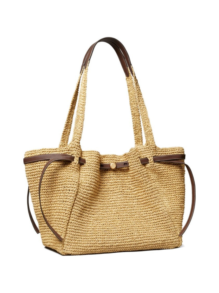 Tory Burch Woven Paper Straw Tote With Leather Trim Accents