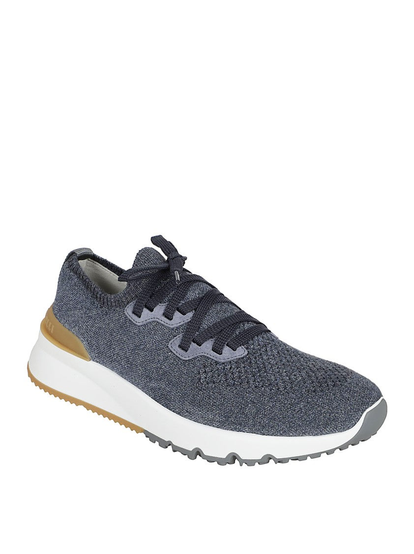 Brunello Cucinelli Deep Blue Stretch-Knit Low-Top Sneakers With Logo Accents