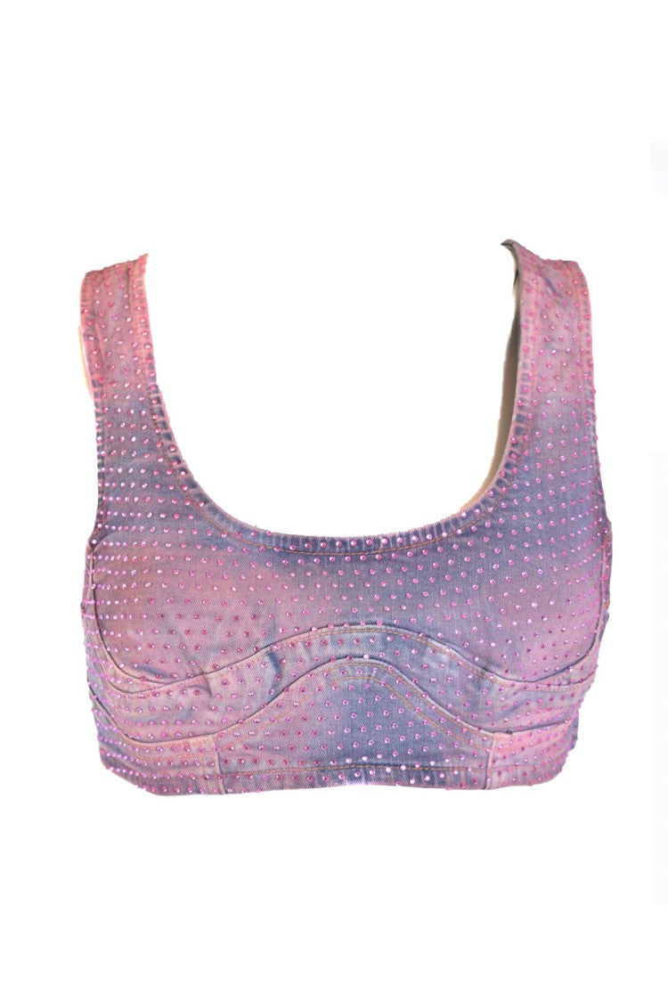 Diesel Embellished Denim Crop Top With Cut And Fit