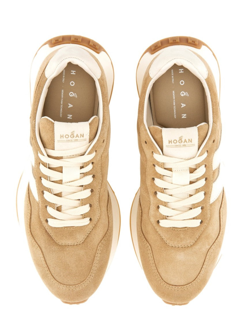 Hogan Beige Suede Sneakers With Contrasting Logo And Textured Sole