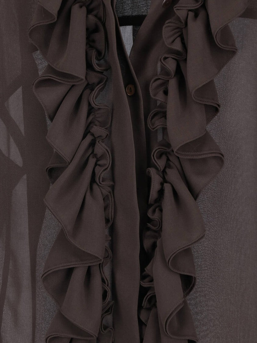 Parosh Semi-Transparent Brown Blouse With Front Ruffles