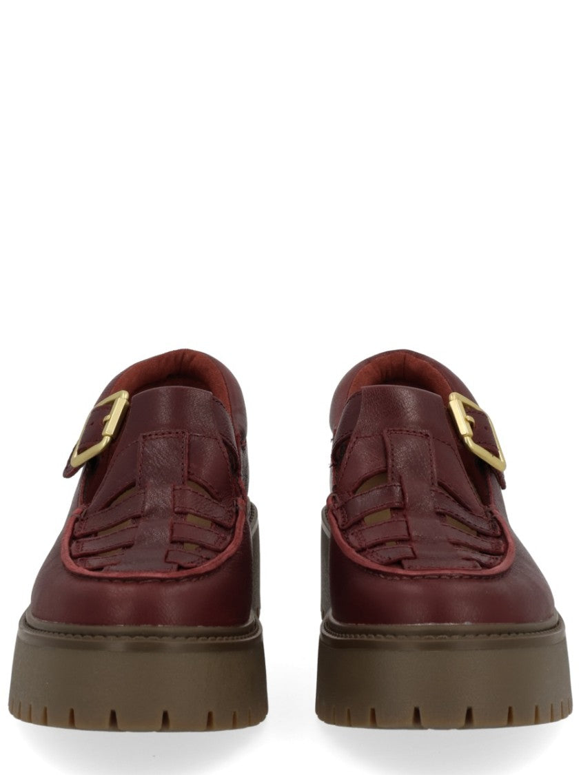 Timberland Bordeaux Leather Loafers With Woven Vamp And Gold-Tone Buckle