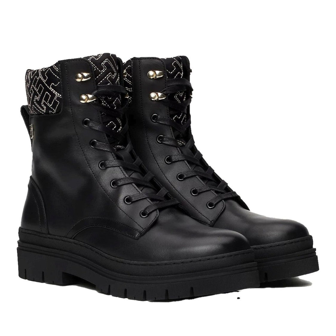 Tommy Hilfiger Black Cleated Lace-Up Padded Collar Leather Boots