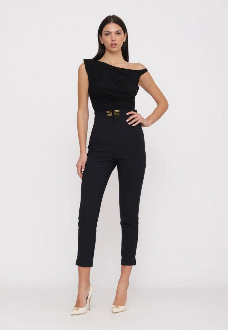 Elisabetta Franchi Black One-Shoulder Mesh Panel Viscose-Blend Bodysuit