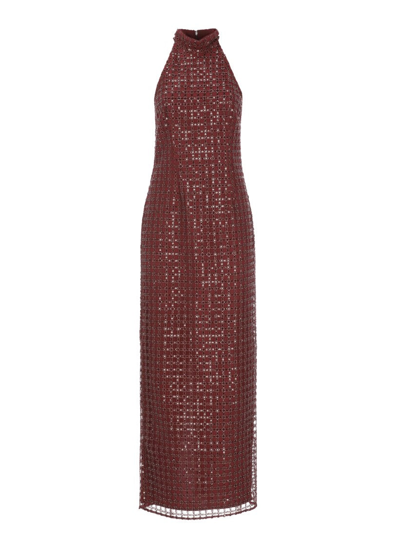 Rotate Burgundy Long Dress With All-Over Beaded Pattern