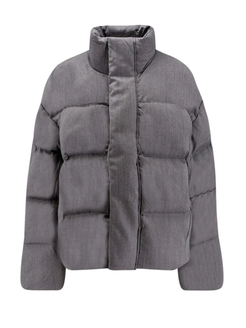 Entire Studios Boxy Cropped Grey Down Jacket With Concealed Closure And Textured Fabric