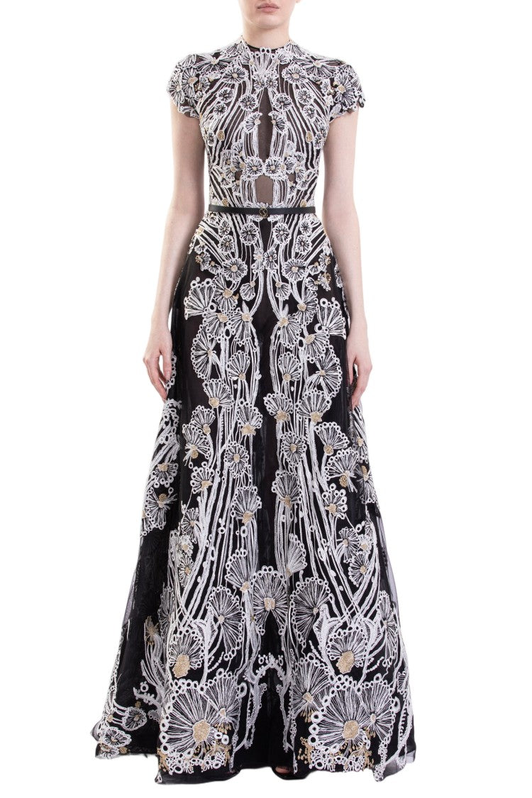 Saiid Kobeisy Jet-Black Fully Embellished Embroidered Tulle A-Line Dress