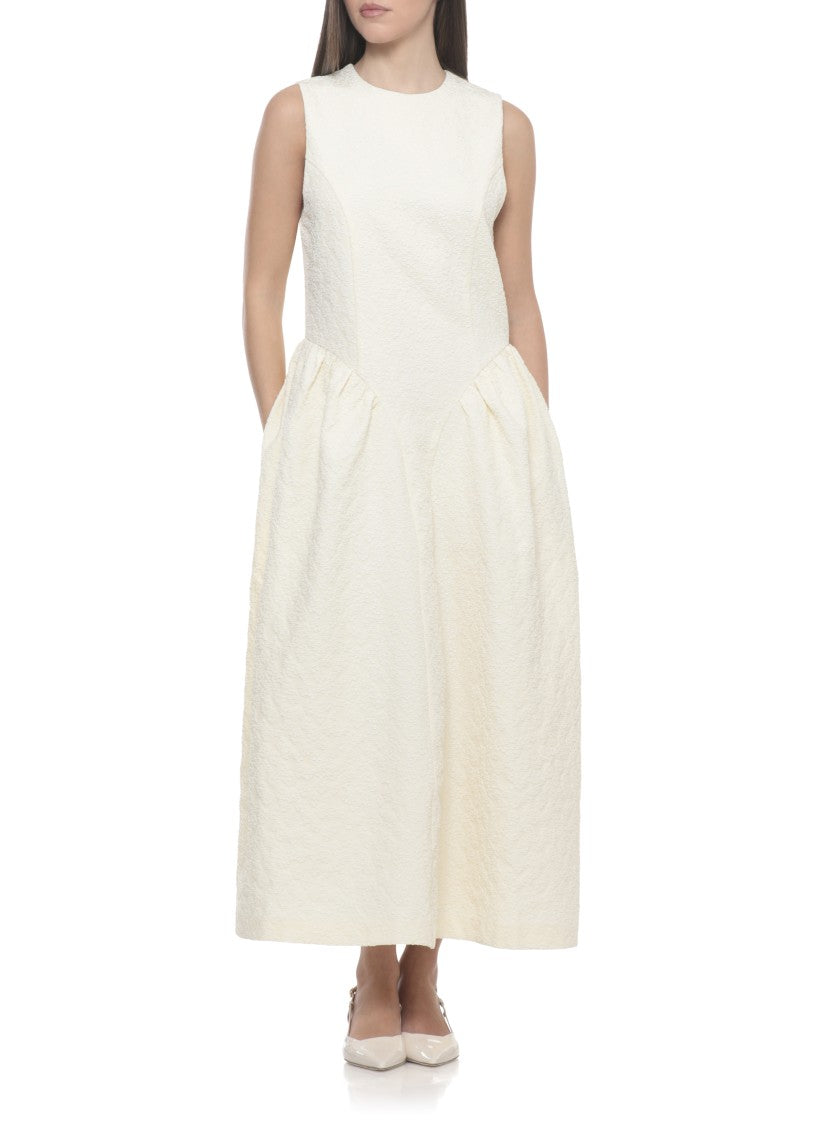 Rotate Ivory Jacquard Midi Dress With Embossed Floral Pattern