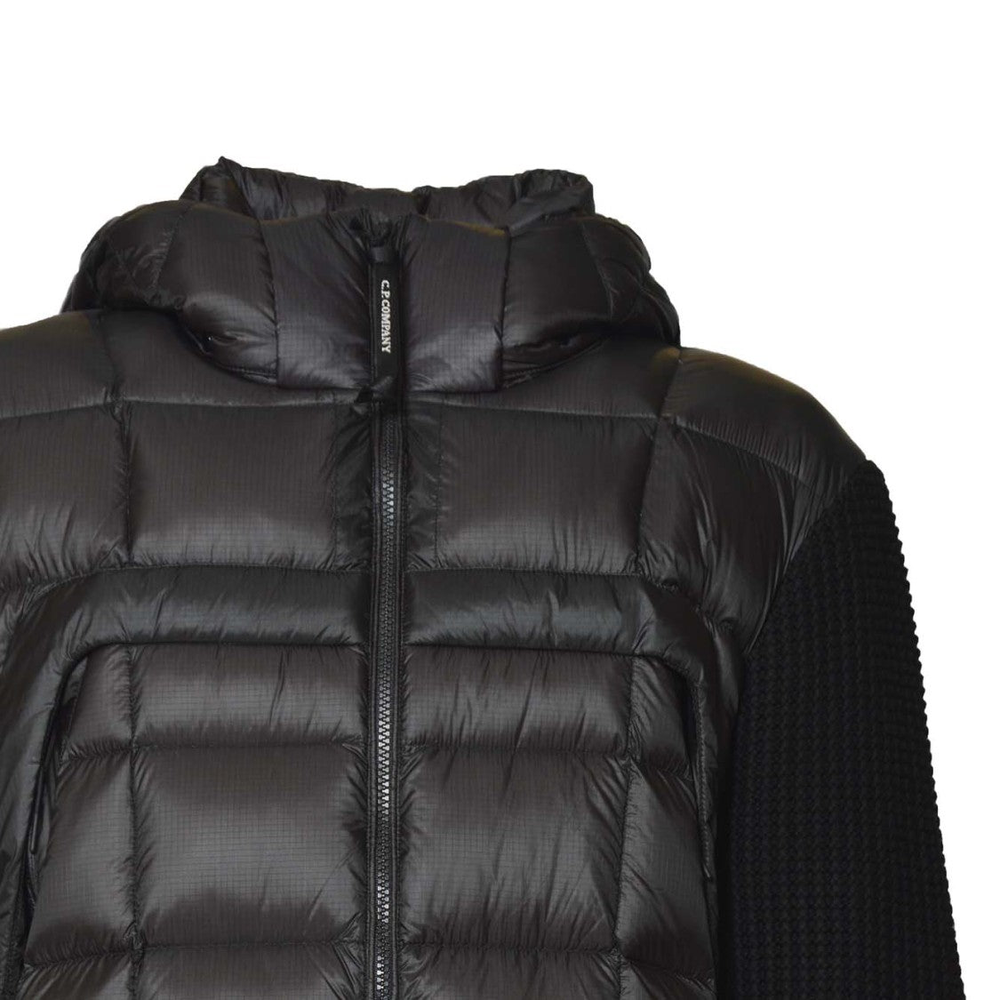 C.P. Company Padded Quilted Black Casual Jacket With Textured Knit Sleeves