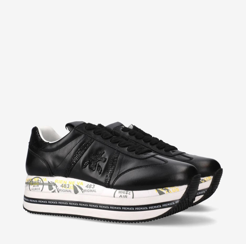 Premiata Black Leather Platform Sneakers With Textured Detailing