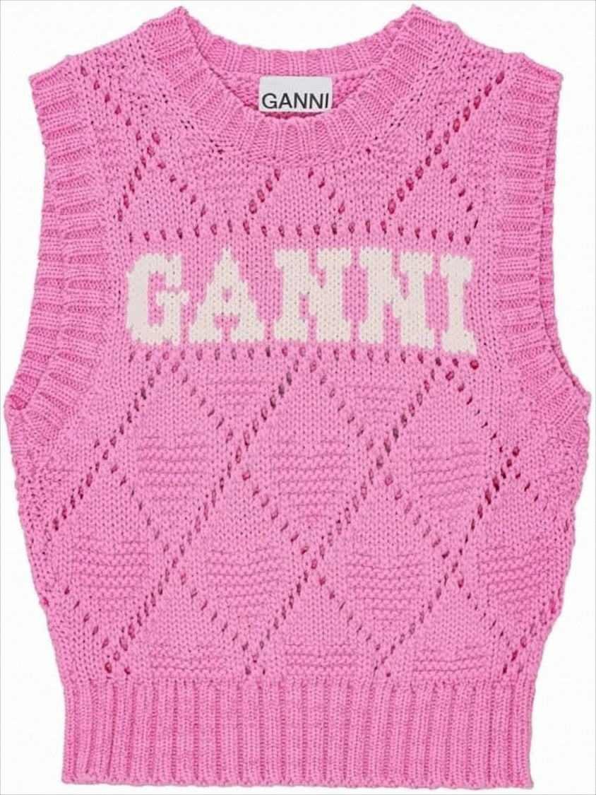 Ganni Vibrant Pink Diamond-Patterned Knit Vest