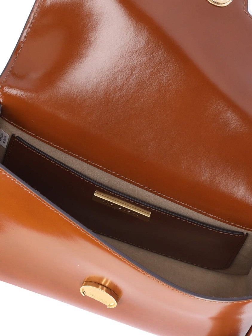 Tory Burch Glossy Brown Leather Shoulder Bag With Signature Emblem